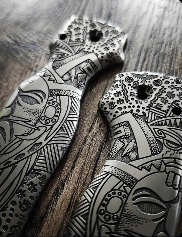 Spyderco Shaman - Ancient Shaman Mask & Symbols - Relief Engraved Titanium Scales - EDC Gear *Scales Only*