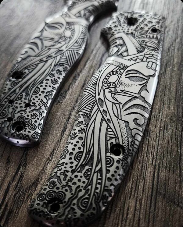 Spyderco Shaman - Ancient Shaman Mask & Symbols - Relief Engraved Titanium Scales - EDC Gear *Scales Only*