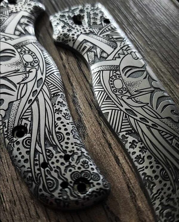 Spyderco Shaman - Ancient Shaman Mask & Symbols - Relief Engraved Titanium Scales - EDC Gear *Scales Only*