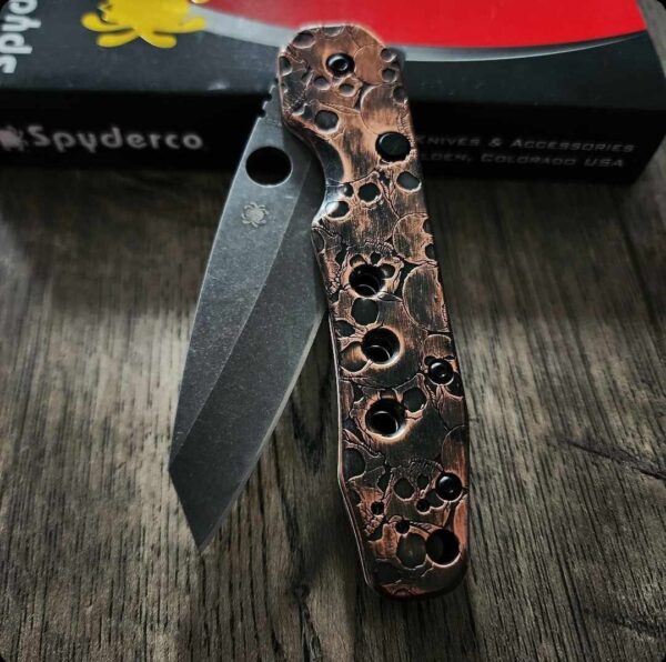 3D Skulls - Spyderco Smock - NEW Relief Engraving Style w/ Aging - Fiber Laser Engraved copper Scales - EDC Gear *Knife Install Optional*