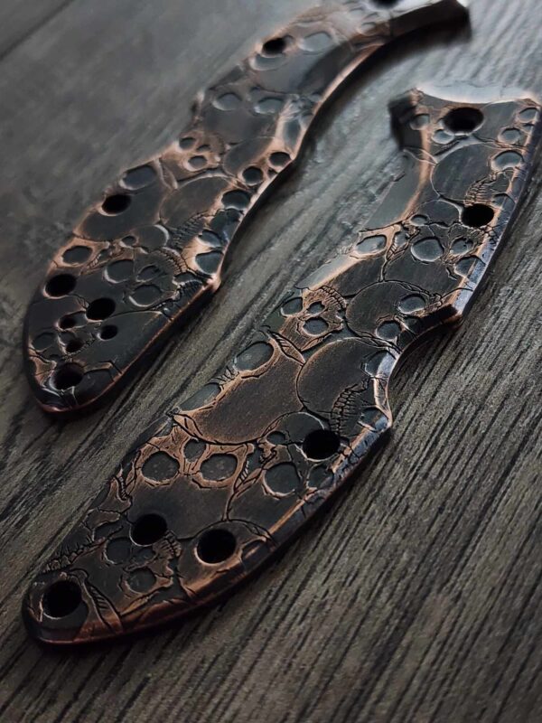 Skull Design Relief Engraved Copper Scales for Spyderco Delica - Polished - Aged Copper