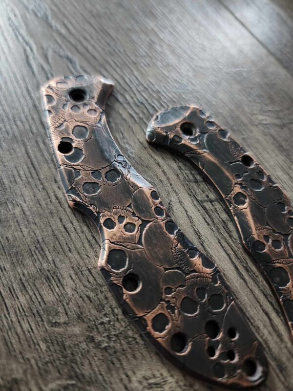Skull Design Relief Engraved Copper Scales for Spyderco Delica - Polished - Aged Copper