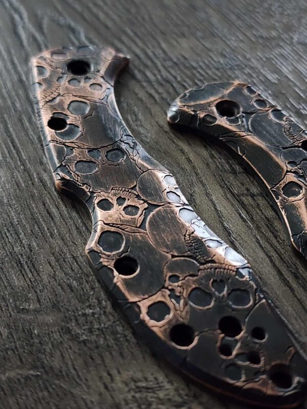 Skull Design Relief Engraved Copper Scales for Spyderco Delica - Polished - Aged Copper