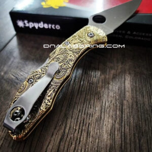 Paisley Leaf - Spyderco Delica - Relief Engraved Brass Scales - Polished - Flytanium Gear - Optional Knife w/ Backspacer, Hardware & Clip