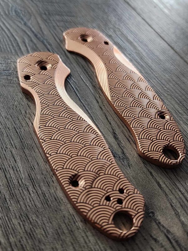 PM3 Lotus with Seigaiha Waves Engraved - Copper Scales for Spyderco Paramilitary 3 - Stonewashed - Flytanium Gear - Knife Install Optional
