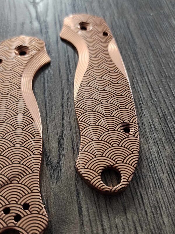 PM3 Lotus with Seigaiha Waves Engraved - Copper Scales for Spyderco Paramilitary 3 - Stonewashed - Flytanium Gear - Knife Install Optional