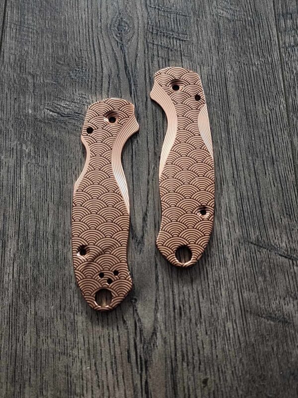 PM3 Lotus with Seigaiha Waves Engraved - Copper Scales for Spyderco Paramilitary 3 - Stonewashed - Flytanium Gear - Knife Install Optional
