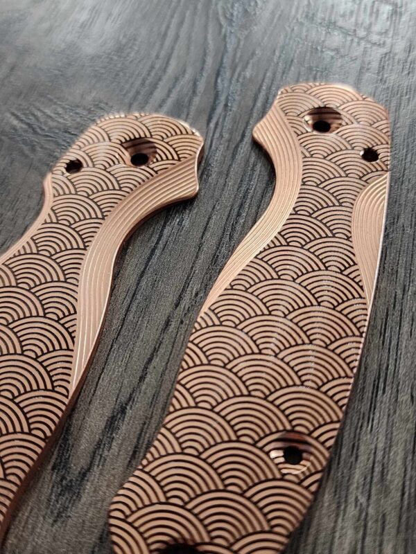 PM3 Lotus with Seigaiha Waves Engraved - Copper Scales for Spyderco Paramilitary 3 - Stonewashed - Flytanium Gear - Knife Install Optional