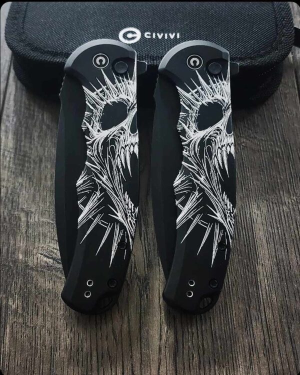 CIVIVI Praxis Screaming Skull SET - 2 Flipper Button Lock Knife Black Aluminum complete knives - Evil - Skull- EDC Knives - Limited
