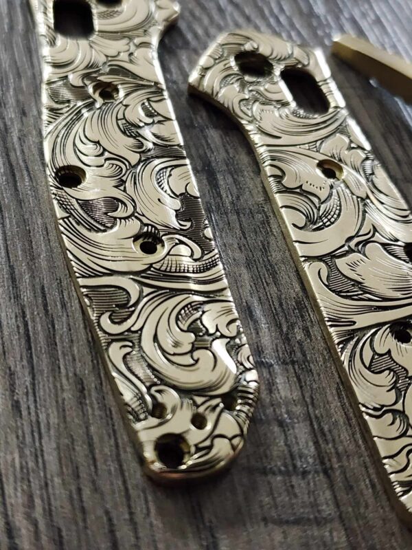 Leaf Scroll – Benchmade 945 MINI Osborne – Relief Engraved Brass Scales AND backspacer – EDC Gear *Scales and backspacer Only*