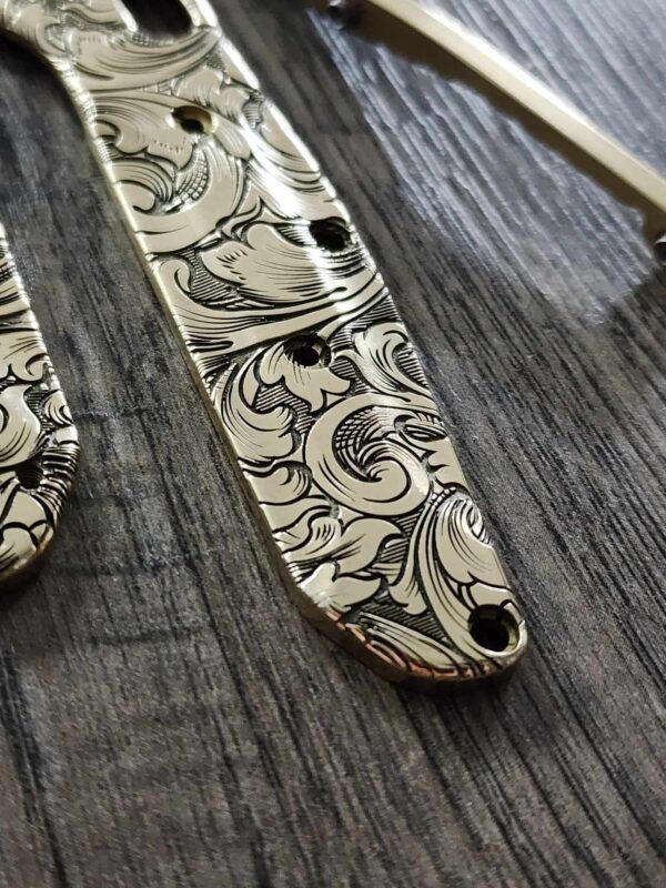 Leaf Scroll – Benchmade 945 MINI Osborne – Relief Engraved Brass Scales AND backspacer – EDC Gear *Scales and backspacer Only*