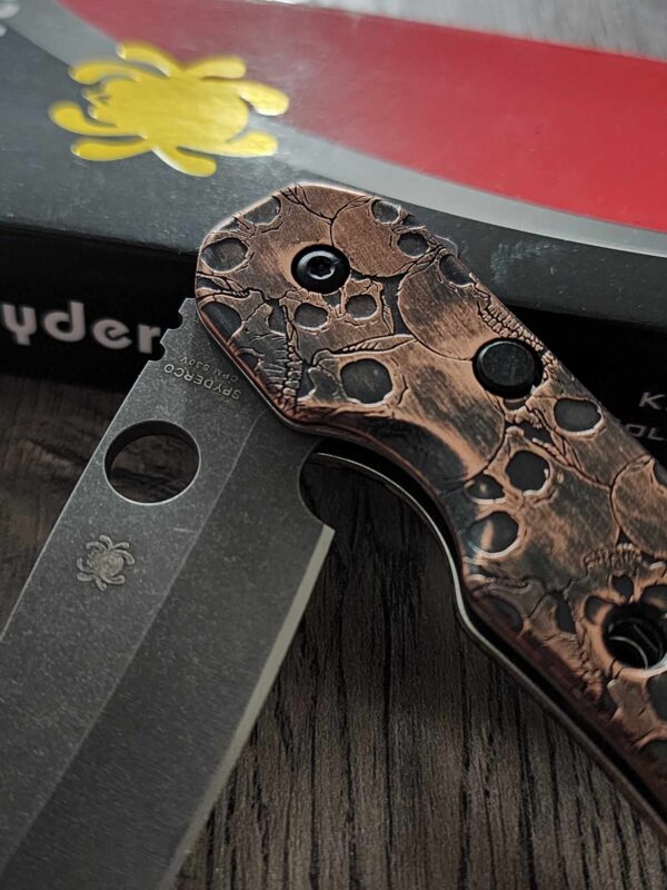 3D Skulls - Spyderco Smock - NEW Relief Engraving Style w/ Aging - Fiber Laser Engraved copper Scales - EDC Gear *Knife Install Optional*