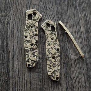 Leaf Scroll – Benchmade 945 MINI Osborne – Relief Engraved Brass Scales AND backspacer – EDC Gear *Scales and backspacer Only*