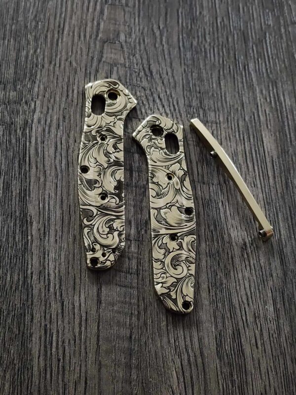 Leaf Scroll – Benchmade 945 MINI Osborne – Relief Engraved Brass Scales AND backspacer – EDC Gear *Scales and backspacer Only*