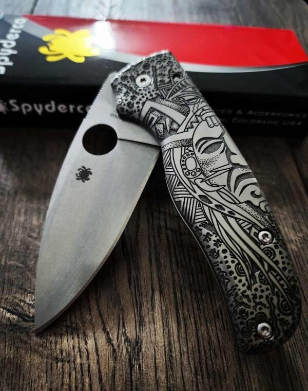 Spyderco Shaman - Shaman Art - Relief Laser Engraved - Titanium scales - Complete Knife - LynchNW Clip - Phosphor Washers - TI Backspacer