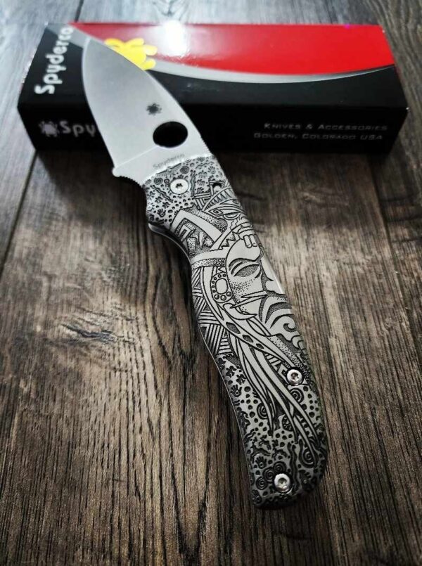 Spyderco Shaman - Shaman Art - Relief Laser Engraved - Titanium scales - Complete Knife - LynchNW Clip - Phosphor Washers - TI Backspacer