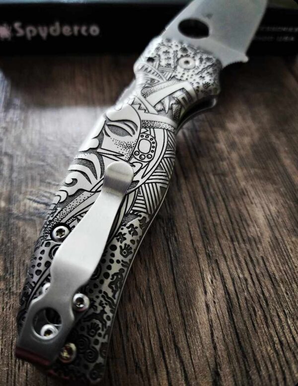 Spyderco Shaman - Shaman Art - Relief Laser Engraved - Titanium scales - Complete Knife - LynchNW Clip - Phosphor Washers - TI Backspacer