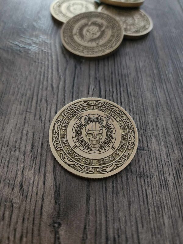 Valhalla - Viking Skull - Norse - Deep Laser Engraved Brass Coin - Sandwashed