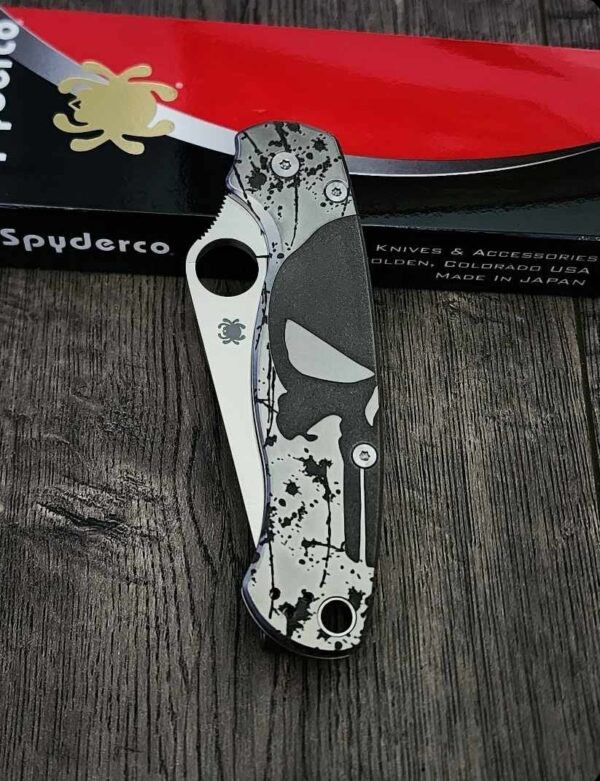 Spyderco PM2 relief engraved titanium Punisher Skull Scales with matching relief engraved LynchNW deep carry pocket clip - Titanium hardware
