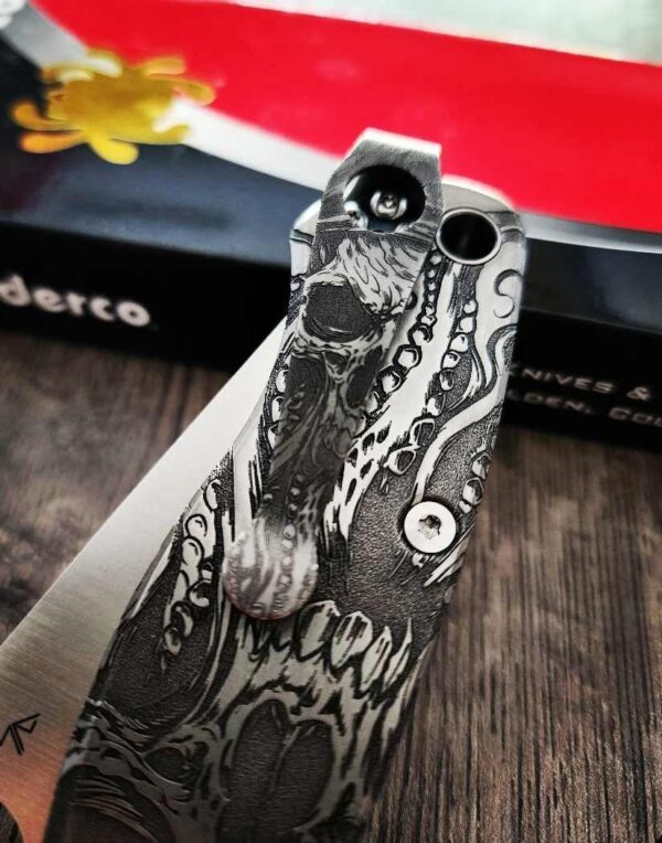 Spyderco Para Military 2 - Titanium Engraved Scales with Davy Jones Design - Relief Engraved - PM2 Complete Knife - Engraved Deep Carry Clip