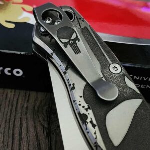 il_fullxfull.6144961125_kc7e.jpg Spyderco PM2 relief engraved titanium Punisher Skull Scales with matching relief engraved LynchNW deep carry pocket clip - Titanium hardware