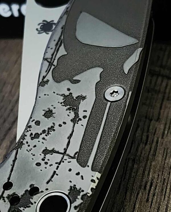 il_fullxfull.6144961327_o32s.jpg Spyderco PM2 relief engraved titanium Punisher Skull Scales with matching relief engraved LynchNW deep carry pocket clip - Titanium hardware