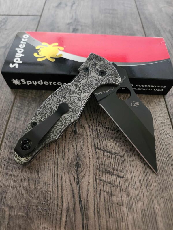 The Great Waves - Japanese waves Spyderco Yojimbo 2 - Deep Laser Engraved - Stonewash Titanium Scales - EDC Gear *Knife Install Optional*