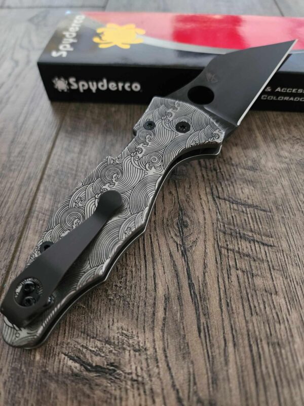 The Great Waves - Japanese waves Spyderco Yojimbo 2 - Deep Laser Engraved - Stonewash Titanium Scales - EDC Gear *Knife Install Optional*