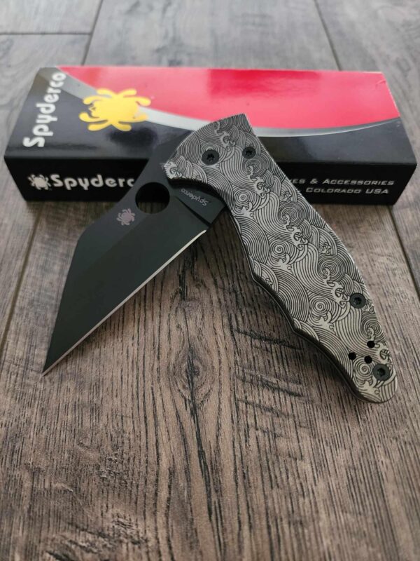 The Great Waves - Japanese waves Spyderco Yojimbo 2 - Deep Laser Engraved - Stonewash Titanium Scales - EDC Gear *Knife Install Optional*