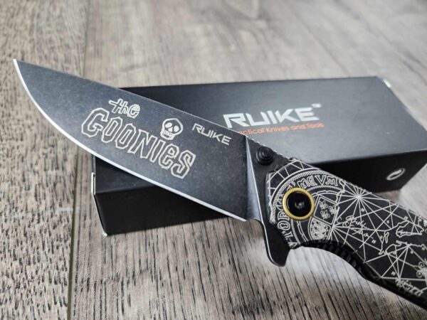 Goonies Map - Goonies Never Say Die!  - Ruike P801 Black - Fiber Laser Engraved - EDC Gear - Complete Knife
