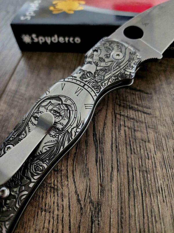 Spyderco Shaman - Day Of The Dead - Relief Laser Engraved - Titanium scales - Complete Knife - LynchNW Clip - Phosphor Washers