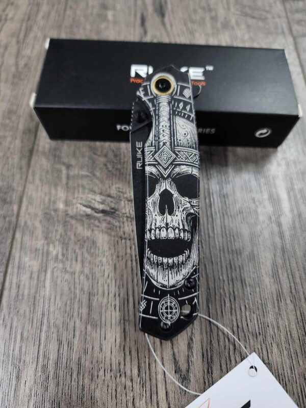 Until Valhalla - Viking Skull - Ruike P801 Black - Fiber Laser Engraved - EDC Gear - Complete Knife