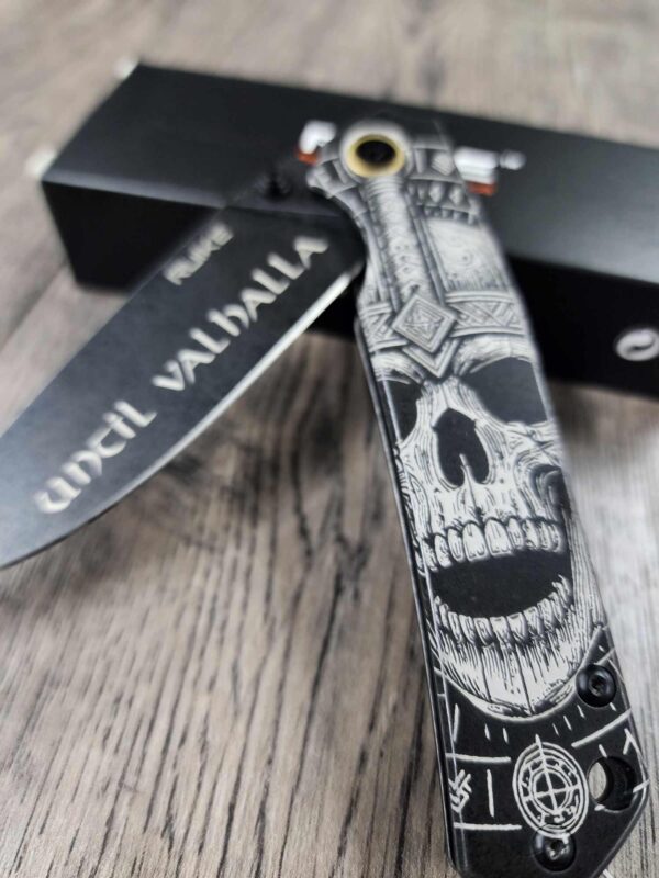Until Valhalla - Viking Skull - Ruike P801 Black - Fiber Laser Engraved - EDC Gear - Complete Knife