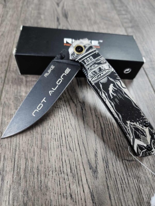 Alien Abduction - Not Alone - Ruike P801 Black - Fiber Laser Engraved - EDC Gear - Complete Knife