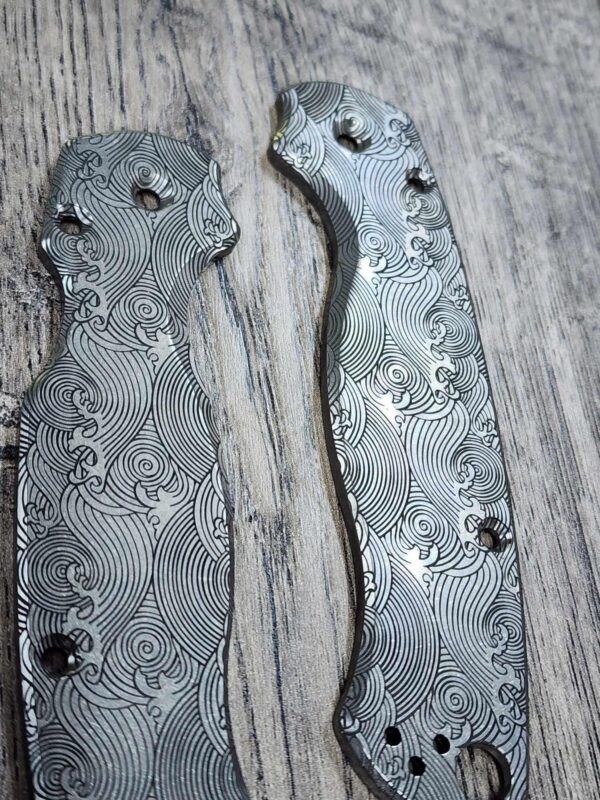 il_fullxfull.6359402635_96ie.jpg Great Waves - Spyderco PM2 TI - Fiber Laser Deep Engraved - PM2 Titanium Knife Scales Flytanium Gear - Knife & Hardware Optional