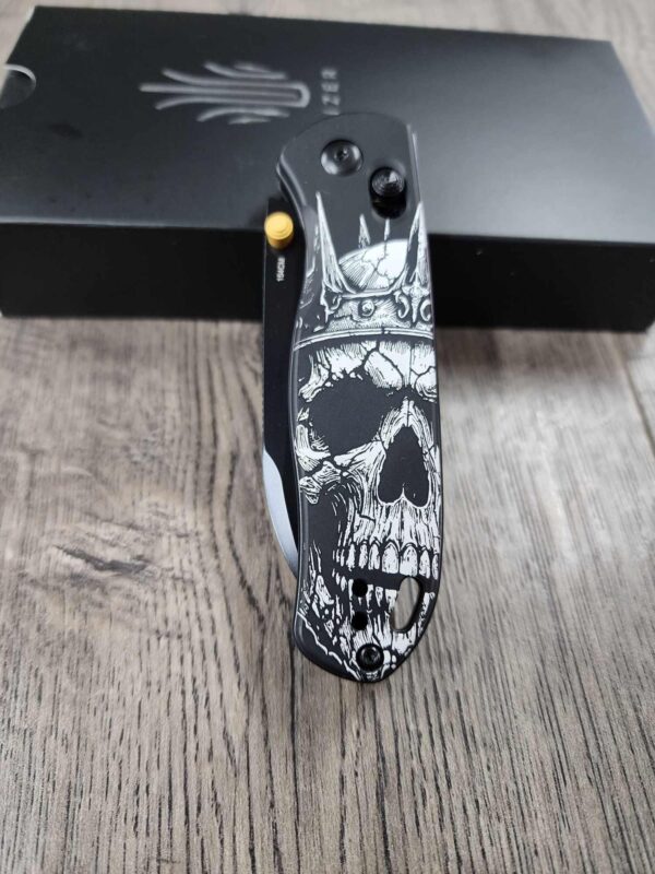 King of Death!    Fiber Laser Engraved - Kizer Drop Bear - EDC - COMPLETE KNIFE! With Gold Thumbstud!