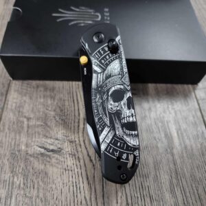 Viking Death Skull!   Fiber Laser Engraved - Kizer Drop Bear - EDC - COMPLETE KNIFE! With Gold Thumbstud!
