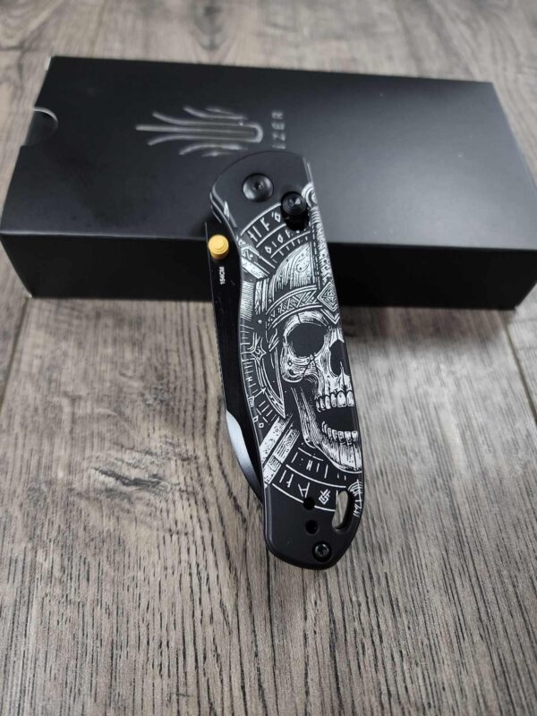 Viking Death Skull!   Fiber Laser Engraved - Kizer Drop Bear - EDC - COMPLETE KNIFE! With Gold Thumbstud!