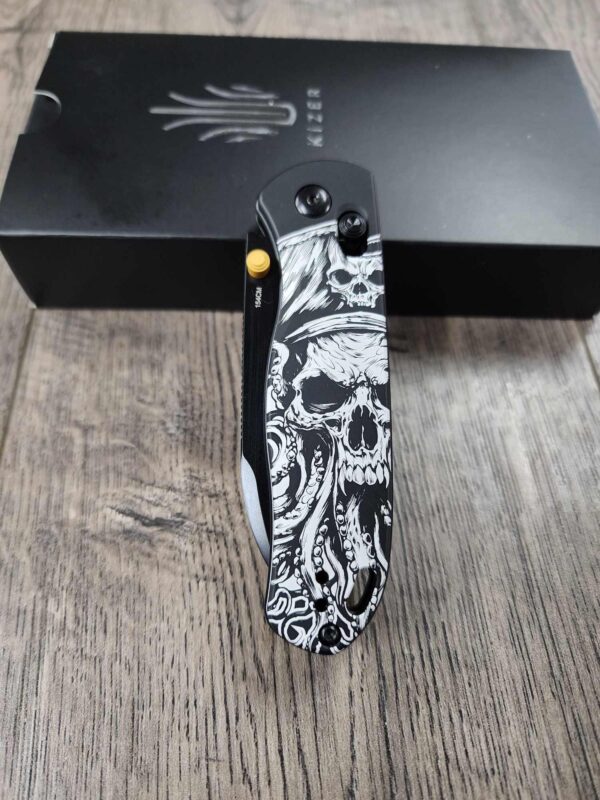 Davy Jones!   Fiber Laser Engraved - Kizer Drop Bear - EDC - COMPLETE KNIFE! With Gold Thumbstud!