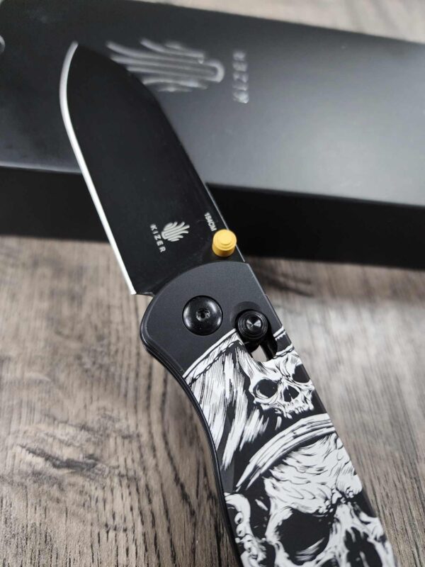 Davy Jones!   Fiber Laser Engraved - Kizer Drop Bear - EDC - COMPLETE KNIFE! With Gold Thumbstud!