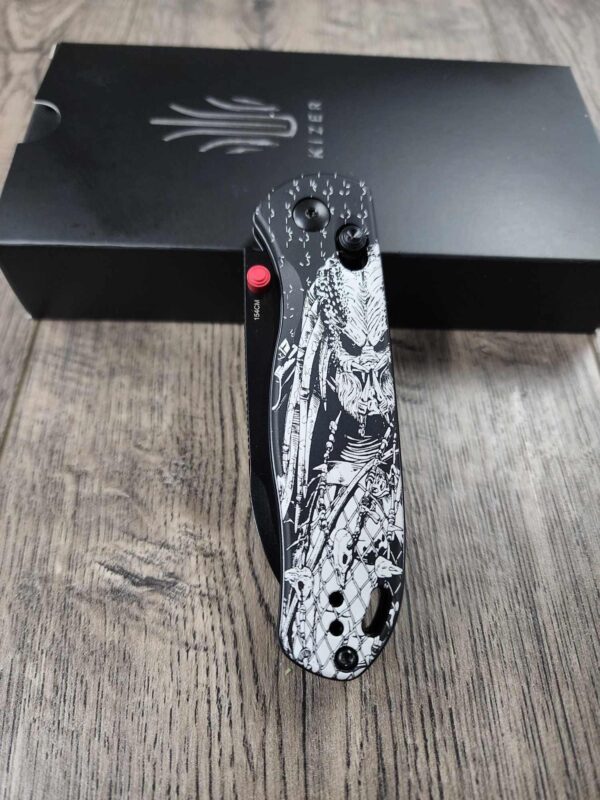 Predator!  -  Fiber Laser Engraved - Kizer Drop Bear - edc - COMPLETE KNIFE! With Red Thumbstud!