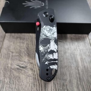 Michael Myers  -  Fiber Laser Engraved - Kizer Drop Bear - edc - COMPLETE KNIFE! With Red Thumbstud!