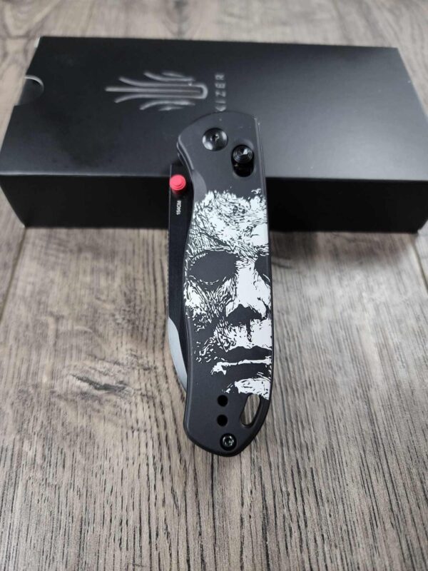 Michael Myers  -  Fiber Laser Engraved - Kizer Drop Bear - edc - COMPLETE KNIFE! With Red Thumbstud!
