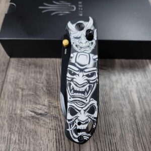 Triple Mask and Seigaiha Waves Kizer Drop Bear - Fiber Laser Engraved - Kizer Drop Bear - EDC - COMPLETE KNIFE! With Gold Thumbstud