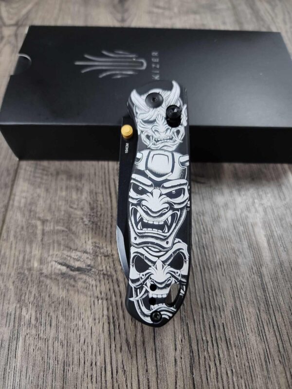 Triple Mask and Seigaiha Waves Kizer Drop Bear - Fiber Laser Engraved - Kizer Drop Bear - EDC - COMPLETE KNIFE! With Gold Thumbstud