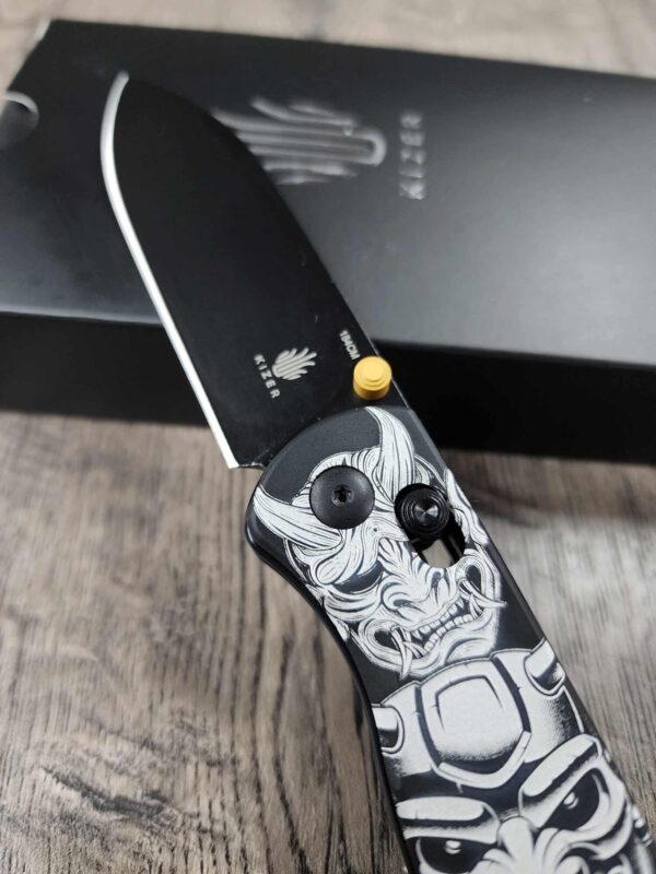 Triple Mask and Seigaiha Waves Kizer Drop Bear - Fiber Laser Engraved - Kizer Drop Bear - EDC - COMPLETE KNIFE! With Gold Thumbstud