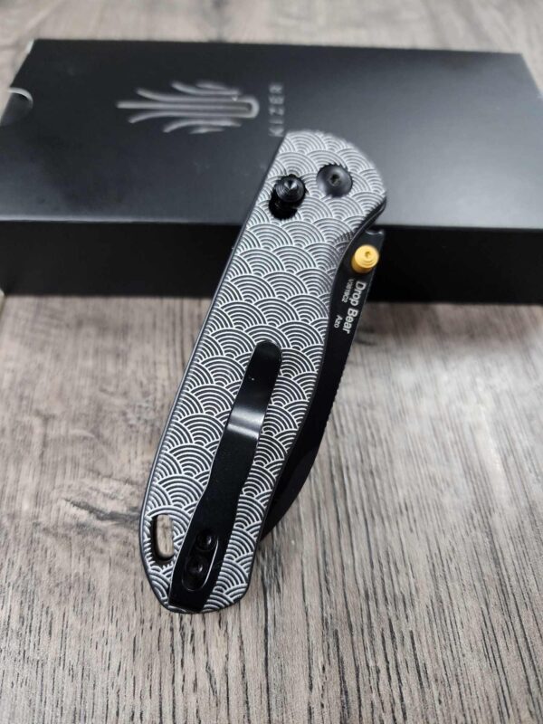 Triple Mask and Seigaiha Waves Kizer Drop Bear - Fiber Laser Engraved - Kizer Drop Bear - EDC - COMPLETE KNIFE! With Gold Thumbstud