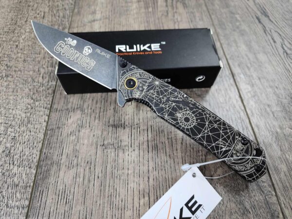 Goonies Map - Goonies Never Say Die!  - Ruike P801 Black - Fiber Laser Engraved - EDC Gear - Complete Knife