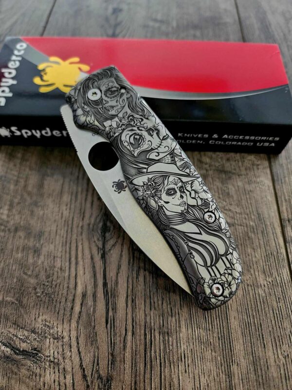 Spyderco Shaman - Day Of The Dead - Relief Laser Engraved - Titanium scales - Complete Knife - LynchNW Clip - Phosphor Washers