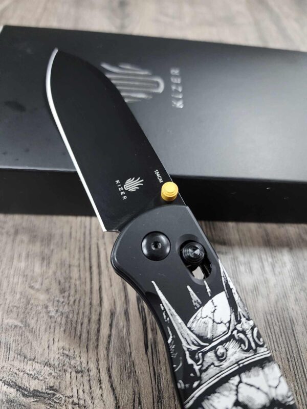King of Death!    Fiber Laser Engraved - Kizer Drop Bear - EDC - COMPLETE KNIFE! With Gold Thumbstud!